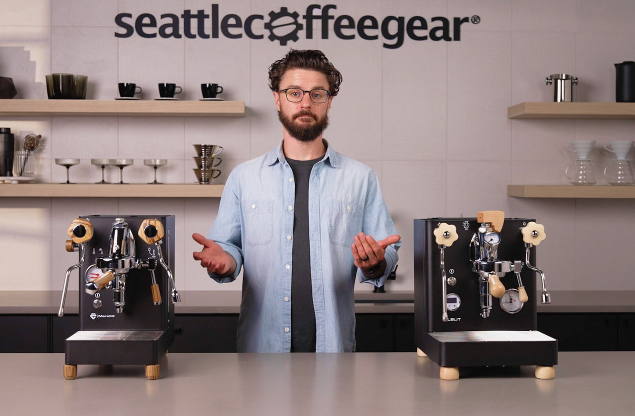 LELIT Mara X3 and LELIT Bianca espresso machines side by side on a counter