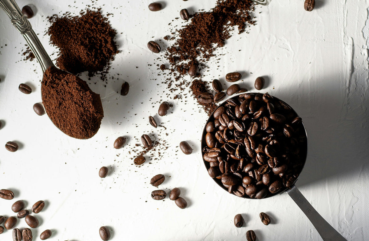 Ground espresso coffee and whole beans compared side by side - Seattle Coffee Gear