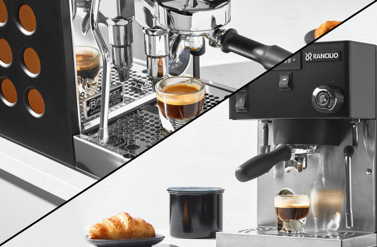Rocket Appartamento TCA and Rancilio Silvia Pro X espresso machines pulling shots side by side - Seattle Coffee Gear