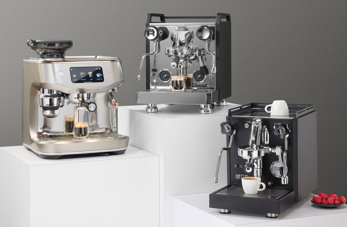 Breville Oracle Dual Boiler, Rocket Mozzafiato FAST V, and Diletta Bello+ advanced espresso machines