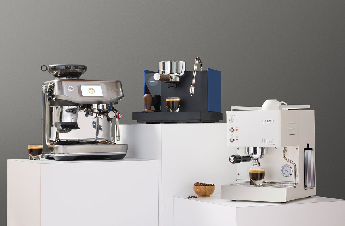 Top three semi-automatic espresso machines from Breville, Fellow, and Diletta on display - Seattle Coffee Gear